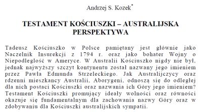 Testament Kościuszki – Australijska Perspektywa