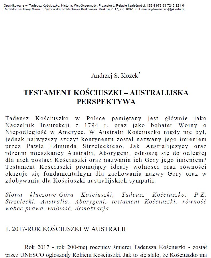 Testament Kościuszki - Australijska Perspektywa