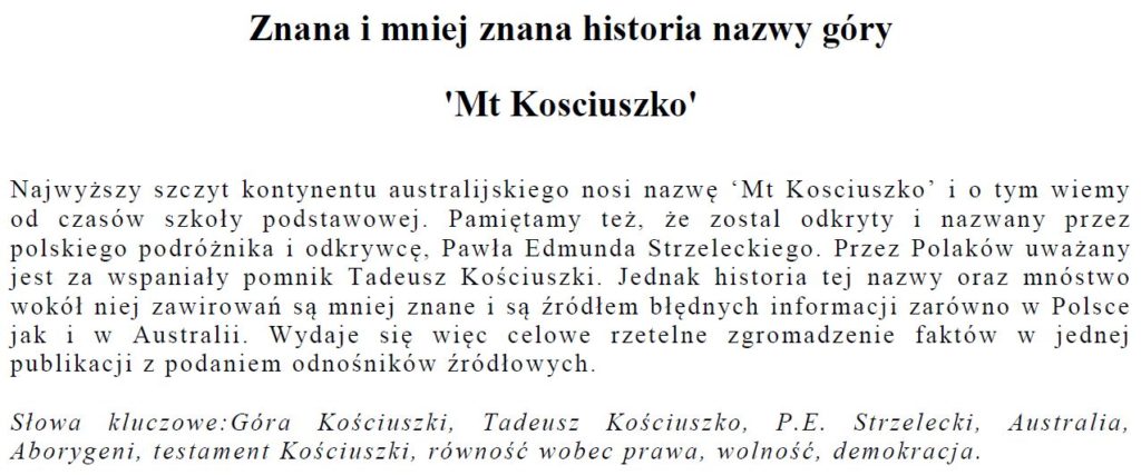 Znana i mniej znana historia nazwy góry ”Mt Kosciuszko”